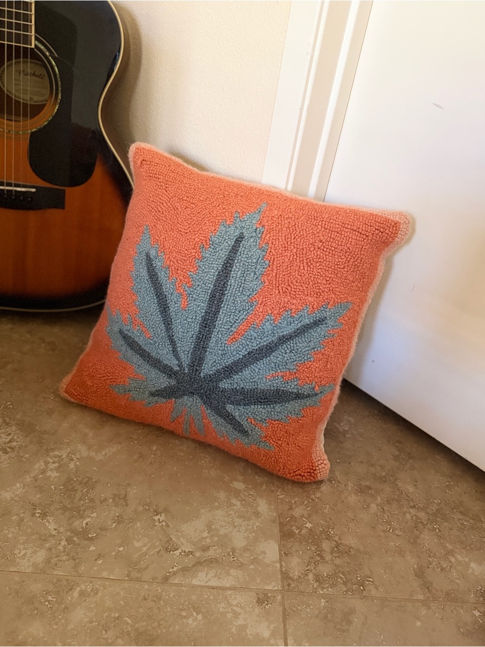 Hand Hooked Leaf Accent Pillow in Coral and Teal